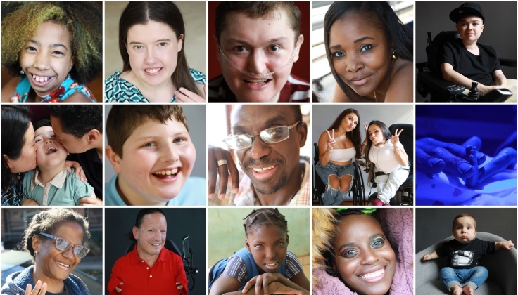  A collage of photographs by Rick Guidotti showing diverse people smiling, facing the camera, in various settings. Includes children, adults, and individuals with visible disabilities and different backgrounds.