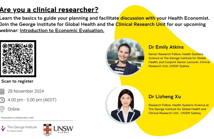 Image features a description of the event including date and time. There is a QR to register and photographs of Dr Emily Atkins & Dr Lizheng Xu with their affiliation below. The logos of the George Institute for Global Health and UNSW Sydney are at the bottom. 