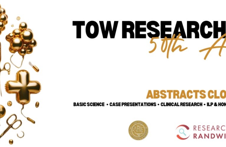 Image of gold balloons signifying the 50th anniversary of the Tow Research Awards. The balloons are health and medical shapes. Text indicates the divisions of the awards and the closing date for abstracts. The tow.org.au website is also displayed.  