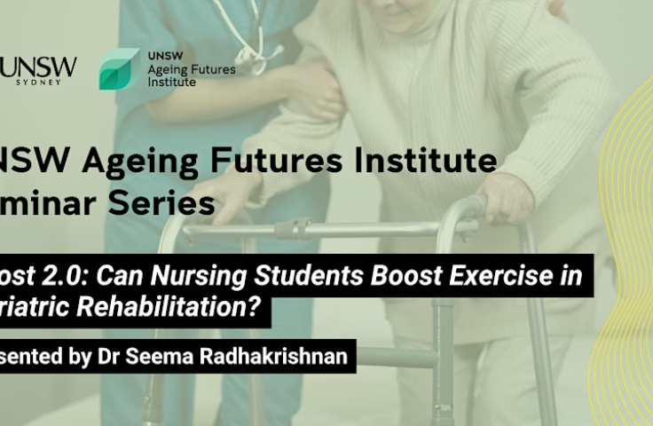 Image of a nurse helping an older patient. UNSW and the Ageing Futures Institute logos. The title of the presentation and the speaker's name. 