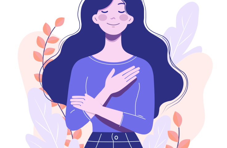 Animated image of a woman smiling, with eyes closed, and hand on heart.